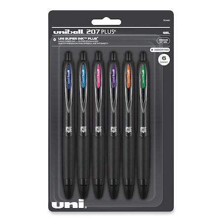 Uniball Gel Pen 207 Plus+, Retractable, Medium 0.7 mm, Inspirational Ink-Color Assortment, Black Barrel, 6PK 70491